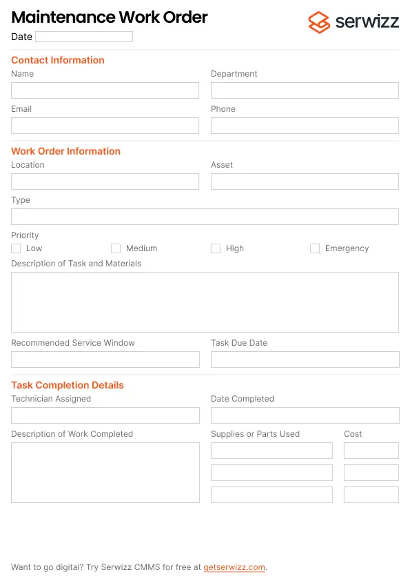 Maintenance Work Order Template
